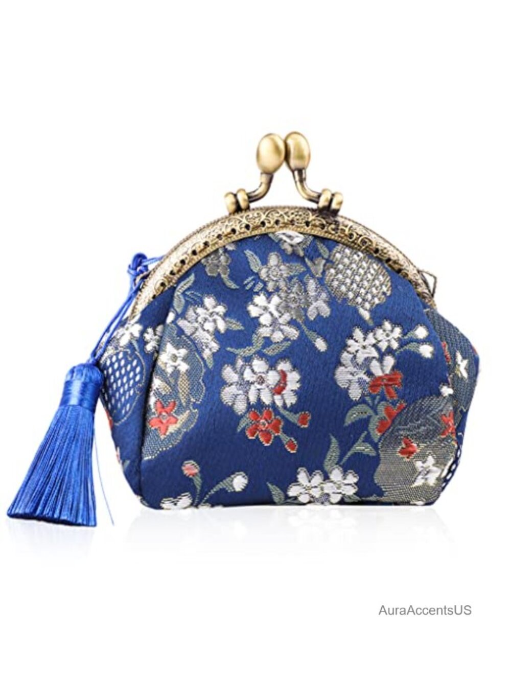 Embroidered Canvas Coin Purse with Tassel Kiss Lock Clasp Floral Vintage Change